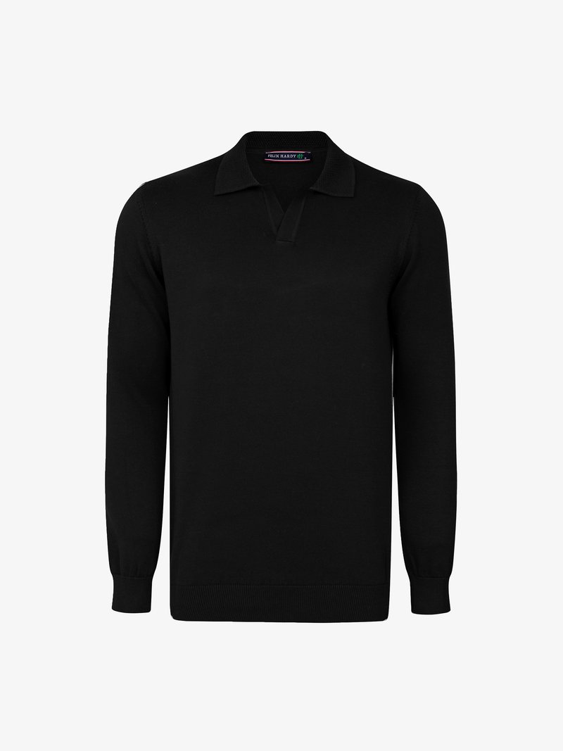 Schwarzes Langarm-Polohemd mit Strickkragen, regulärer Passform, gerippten Bündchen und Saum. Hergestellt aus weichem, glattem Stoff für zusätzlichen Komfort.