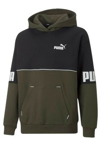 Felpa con cappuccio, parte superiore nera e parte inferiore verde oliva. Presenta un grande logo bianco "PUMA" e una tasca a marsupio. Tessuto morbido, polsini a coste.