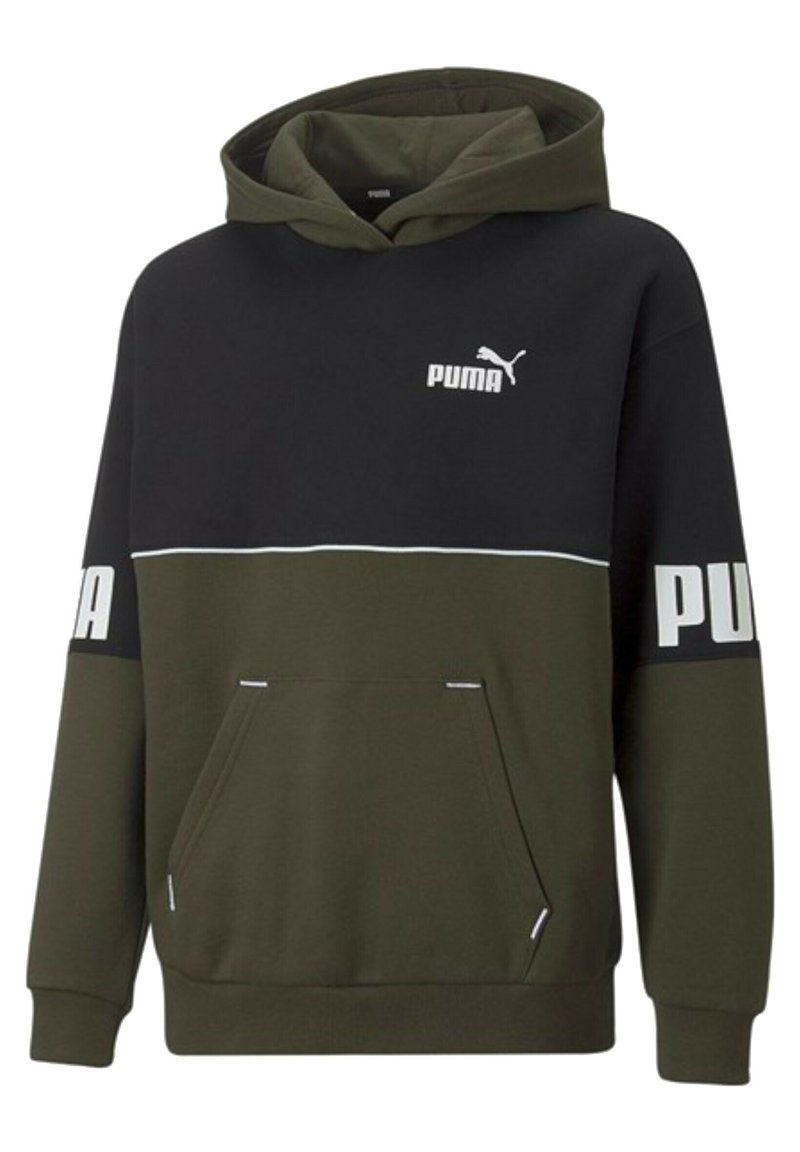 Felpa con cappuccio, parte superiore nera e parte inferiore verde oliva. Presenta un grande logo bianco "PUMA" e una tasca a marsupio. Tessuto morbido, polsini a coste.