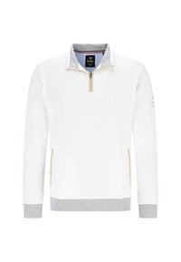 Weißer Strickpullover mit Viertelreißverschluss, grauen Akzenten an den Ärmelbündchen und dem Saum, seitlichen Taschen und einem Etikett am hohen Kragen. Strukturiertes Gewebe.