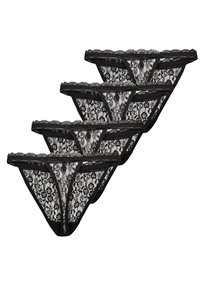 Schwarze Spitzen-Thongs mit Blumenmuster, halbtransparentem Material und zarten Wellenkanten, in einem Set von fünf präsentiert.