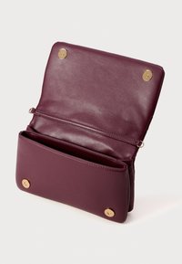 Bordeaux lederen clutch met twee compartimenten, hardware in goudkleur en een magnetische druksluiting. Soepele textuur met ronde randen.