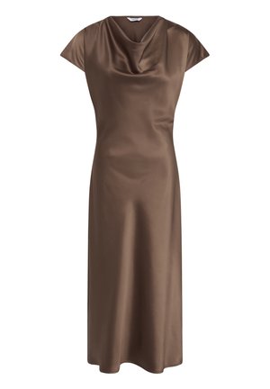 Barna szatén midi ruha rövid ujjakkal és drapírozott kámzsanyakkivágással, deréknál szabott, sima textúrájú.