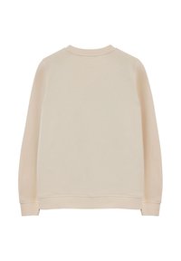 Beige sweatshirt, zachte katoenmix, ronde hals, lange mouwen, ribgebreide manchetten en zoom, minimalistisch ontwerp, geen zichtbare logo's of patronen.