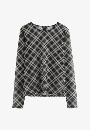 Musta ja harmaa pitkähihainen paita, jossa on ruutukuosi, valmistettu kevyestä materiaalista, pyöreällä kaula-aukolla ja suoralla helmalla.