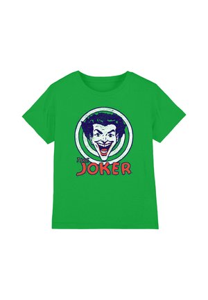 Green t-shirt with a large graphic of a smiling Joker face inside a circular target and the word "JOKER" below in red letters.