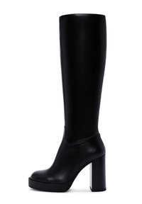 Black knee-high boots made of smooth leather, featuring a thick, square high heel and a sleek silhouette with minimal accents.