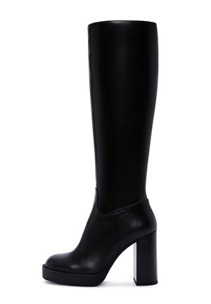 Black knee-high boots made of smooth leather, featuring a thick, square high heel and a sleek silhouette with minimal accents.