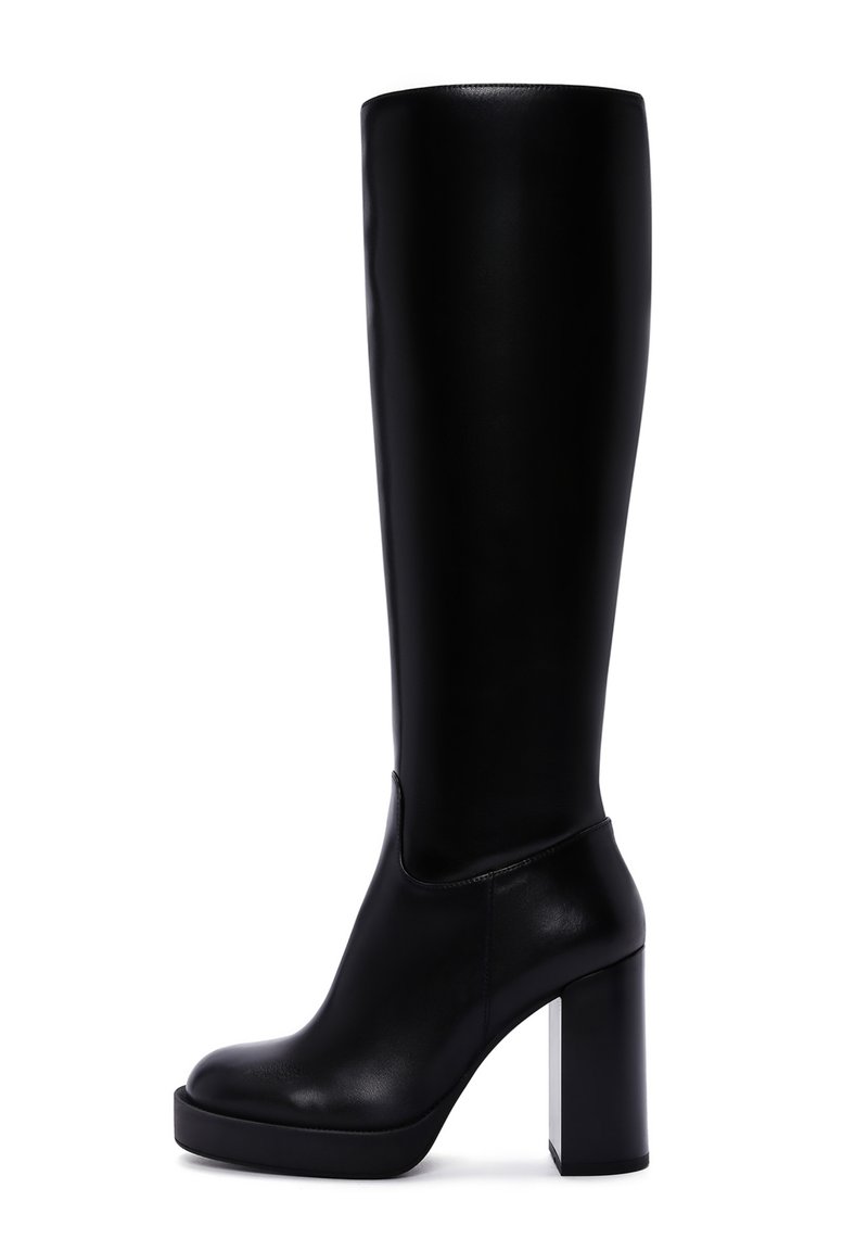 Black knee-high boots made of smooth leather, featuring a thick, square high heel and a sleek silhouette with minimal accents.