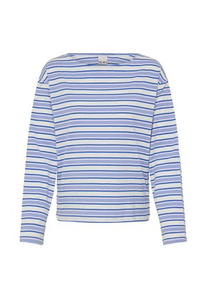 Garām piedurknēm krekls gaiši zilās un baltās svītrās. Tam ir plata kakla izgriezums un brīvs piegriezums. Izgatavots no mīksta, viegla auduma.