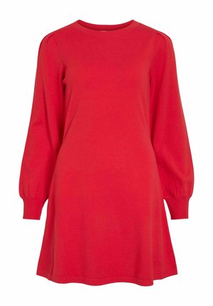 Abito a maglia rosso con scollo tondo, maniche lunghe a sbuffo e forma svasata a A per un fitting rilassato. Tessuto morbido, dettagli minimi.