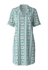 Abito a maniche corte in azzurro chiaro e bianco, con un motivo geometrico arricchito da accenti floreali, realizzato in tessuto leggero e con colletto.