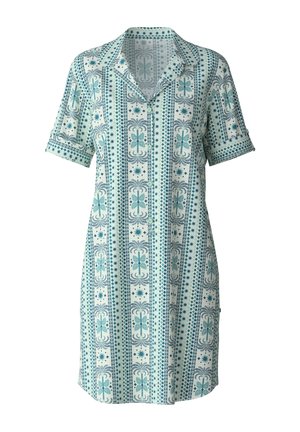 Abito a maniche corte in azzurro chiaro e bianco, con un motivo geometrico arricchito da accenti floreali, realizzato in tessuto leggero e con colletto.