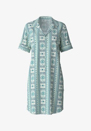 Abito a maniche corte in azzurro chiaro e bianco, con un motivo geometrico arricchito da accenti floreali, realizzato in tessuto leggero e con colletto.