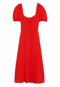 Czerwona sukienka z krótkimi bufkami, kwadratowym dekoltem i zwiewną, do kolan spódnicą. Wykonana z teksturowanej tkaniny.