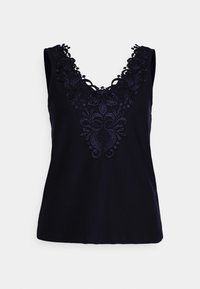 Top senza maniche di colore blu navy con un intricato design floreale ricamato sul collo a V, realizzato in un tessuto morbido e dalla vestibilità comoda.