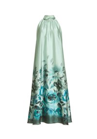 Robe longue en satin vert clair à col halter avec imprimé floral bleu sarcelle et gris sur le bas, silhouette fluide.