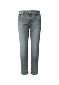 Jeans de denim gris con un corte recto, diseño de cinco bolsillos y cierre de botón. Presentan un ligero desvanecimiento y detalles de costura visibles.