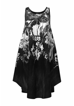 Ærmeløs sort og hvid blomsterkjole med rund halsudskæring og asymmetrisk kant, med store blade og blomster.