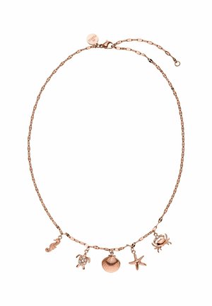 Halskette aus Roségold mit vier Anhängern: ein Seepferdchen, eine Schildkröte mit Strasssteinen, eine Muschel und ein Seestern, plus ein Krabbenanhänger.