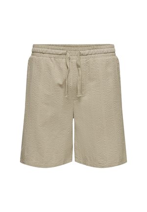 Beige textured knit shorts with elastic waistband and front drawstring, designed for casual wear.