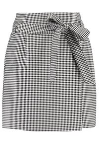 Gonna avvolgente in gingham bianco e nero con cintura a tie, caratterizzata da una linea dritta e tasche laterali. Realizzata in tessuto leggero.