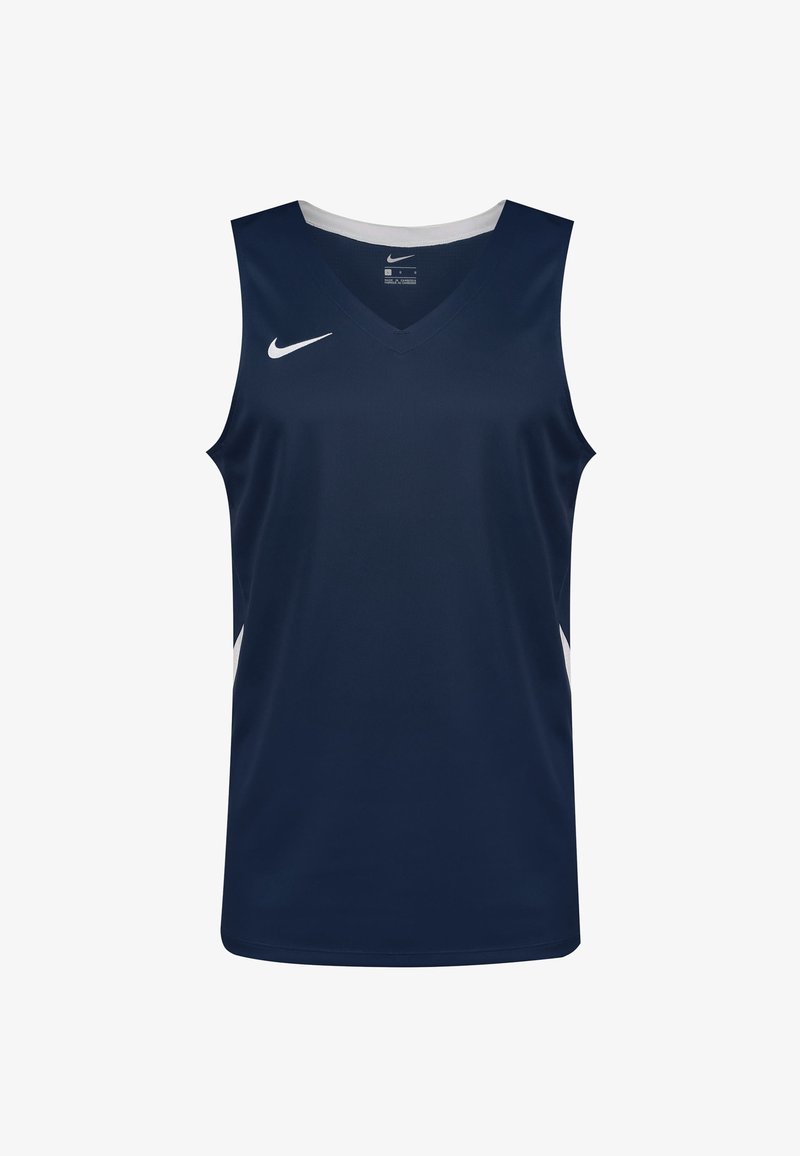 Maillot de sport Nike sans manches bleu marine avec logo swoosh blanc sur la poitrine et col en V.