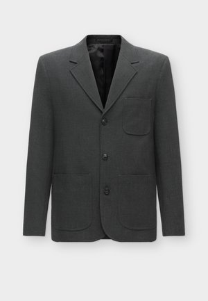 Dunkelgrauer Blazer aus strukturiertem Stoff, mit einer einzigen Brusttasche, Reverskragen und drei Frontknöpfen. Gefüttertes Innenteil.