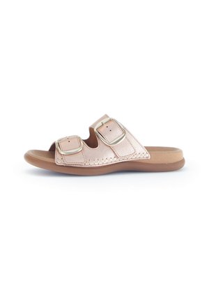Slide sandals in metallic rose color, featuring two adjustable straps with rectangular buckles, flat sole with textured brown footbed.