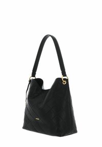 Schwarze Leder-Bucket-Bag mit gestepptem Außenmaterial, goldenen Hardware-Elementen und einem einzelnen Griff. Verfügt über eine weiche Textur und ein offenes Top-Design.