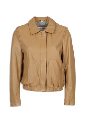 Tan lederen jas met kraag, elastische tailleband, lange mouwen, verborgen voorzijde sluiting en zijzakken.