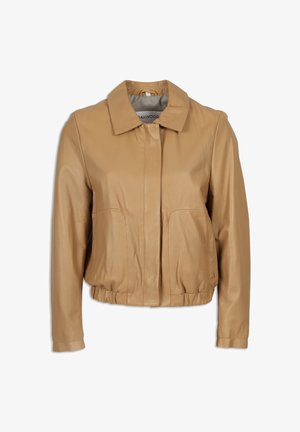 Tan lederen jas met kraag, elastische tailleband, lange mouwen, verborgen voorzijde sluiting en zijzakken.