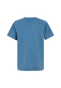 T-shirt met korte mouwen van zacht, gemêleerd blauw materiaal. Ronde halslijn en rechte zoom. Geen zichtbare patronen of accenten. Eenvoudig ontwerp.