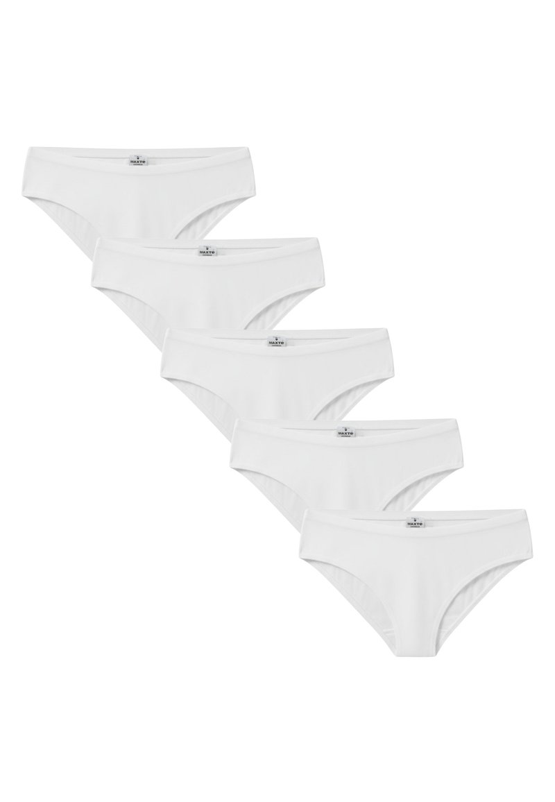 Vijf paar witte katoenen ondergoed met een gladde textuur en een eenvoudige elastische tailleband, elk paar voorzien van een klein merklabel.