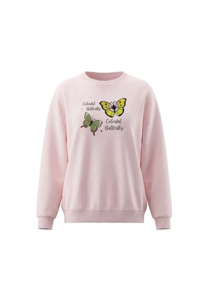 Lyserød sweatshirt med to farverige sommerfugle og teksten "Colorful Butterfly" trykt foran.