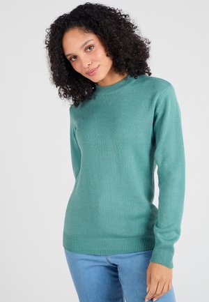 Vrouw met krullend donker haar, die een teal lange mouwen trui en lichtblauwe spijkerbroek draagt tegen een effen achtergrond.