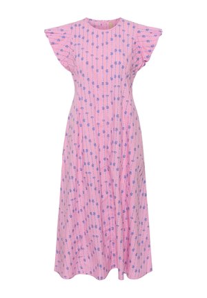 Rosa Midikleid mit kurzen, flatternden Ärmeln, rundem Ausschnitt und vertikalen blauen Blumenmustern.