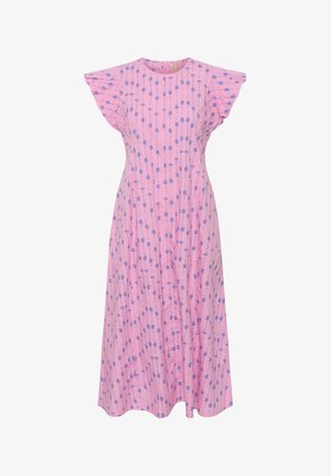 Vestito midi rosa con maniche corte a volant, scollo rotondo e motivi floreali verticali blu.