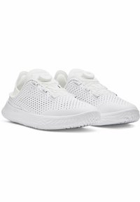 White athletic shoes with perforated upper, textured sole, and a lace-free design featuring adjustable fit dial. Smooth surface and minimalist look.