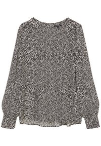 Blusa nera con motivo floreale bianco, maniche lunghe, polsini arricciati e scollatura rotonda. Tessuto leggero con un design fluido.