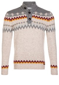 Pull à col ras du cou tricoté, avec un schéma de couleurs gris et crème, des détails à boutons, et des motifs géométriques en rouge, jaune et bleu.