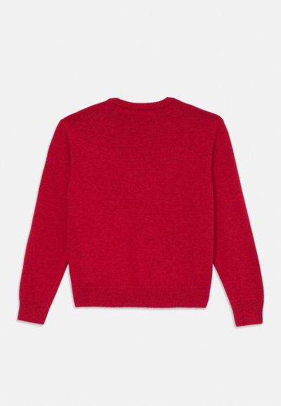 Roter gestrickter Pullover mit Rundhalsausschnitt, langen Ärmeln und gerippten Bündchen und Saum. Glatte Textur, schlichtes Design.