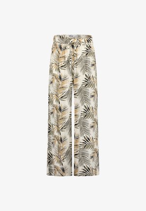Lekkie spodnie o szerokich nogawkach z sznurkiem w pasie, z kremowym tłem i nadrukiem liści palmowych w zielonym, czarnym i beżowym kolorze.