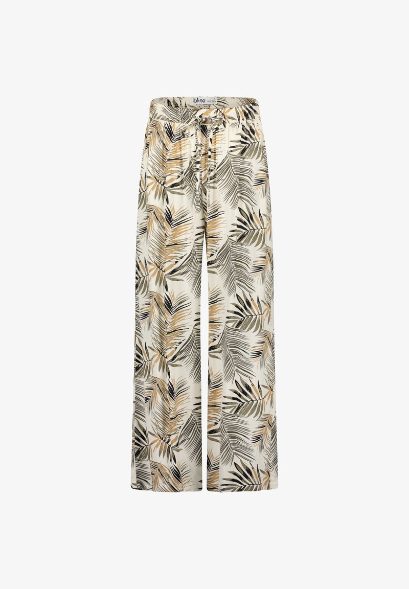 Letvægtsbukser med vide ben og snøre i taljen, med en cremefarvet baggrund og et print af palmeblade i grøn, sort og tan.