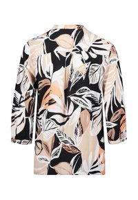 Bluzka z długim rękawem w kolorze czarnym z wzorem botanicznych liści w kremowym, brzoskwiniowym i taupe. Gładki materiał o luźnym kroju i zapinanych mankietach.