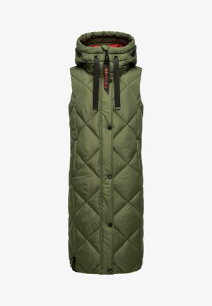 Sleeveless olive green quilted vest with hood, front buttons, black drawstrings, and red interior lining.