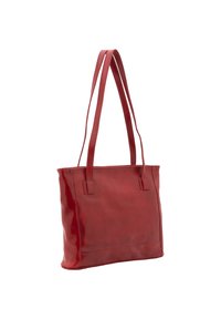 Rode leren tote bag met een gladde textuur, twee lange hengsels en een vierkant lichaam. Minimalistisch ontwerp met gestikte accenten op de handvatten.