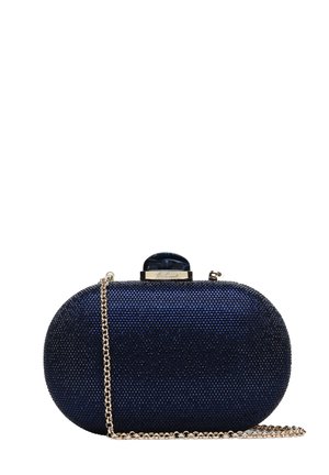 Petit sac de soirée ovale bleu marine recouvert de minuscules cristaux avec une chaîne dorée et un fermoir bleu foncé sur le dessus.