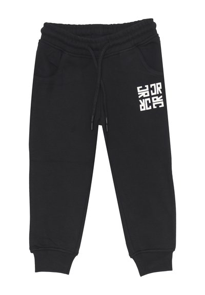 Pantaloni jogger neri con vita elastica e coulisse, tasche laterali, orli a costina e logo JR bianco stampato sulla coscia sinistra.