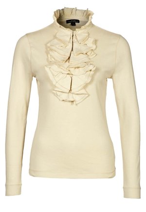 Kremowa bluzka z długim rękawem, z warstwowym, falbankowym kołnierzem i ozdobą z przodu, dopasowana sylwetka.